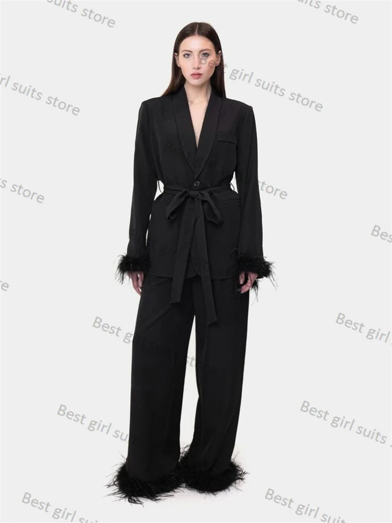 

Black Feather Women Suit Set Blazer+Pants With Belt 2 Pieces Formal Office Lady Wedding Tuxedos Custom Made Cotton Fall Jacket