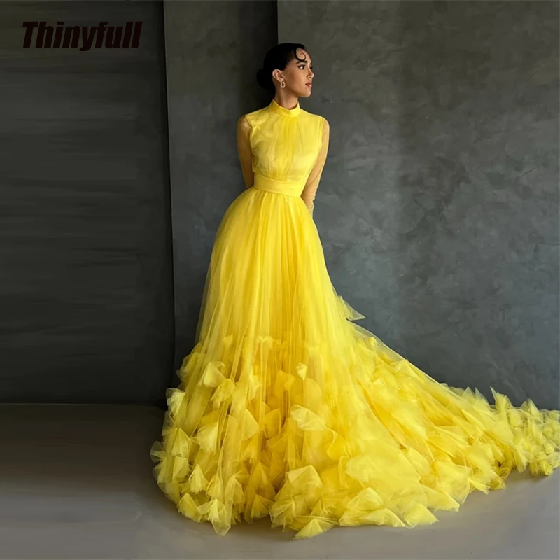 

Thinyfull Tulle A-line Evening Dress High Neck Full Sleeves Prom Dresses Long Formal Occasion Gomns Robe De Soirée Customized