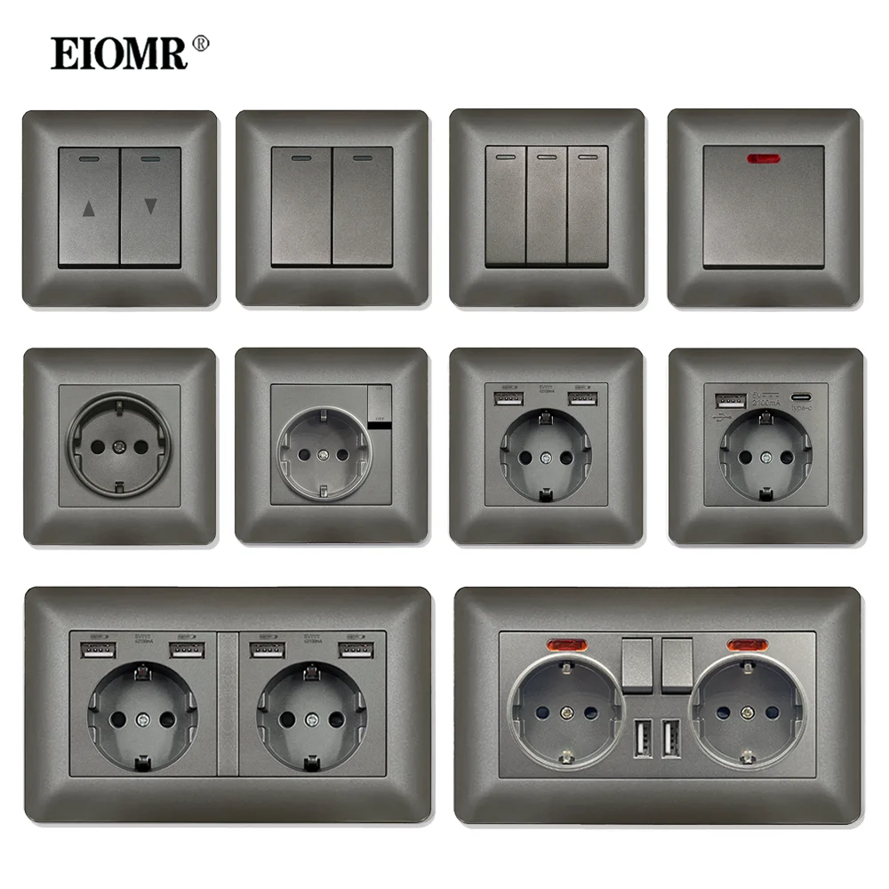 EIOMR Wall Electrical Outlets with Type-C USB Plug TV Rj45 Interface Grey Flame Retardant Plastic Panel Single and Double Socket