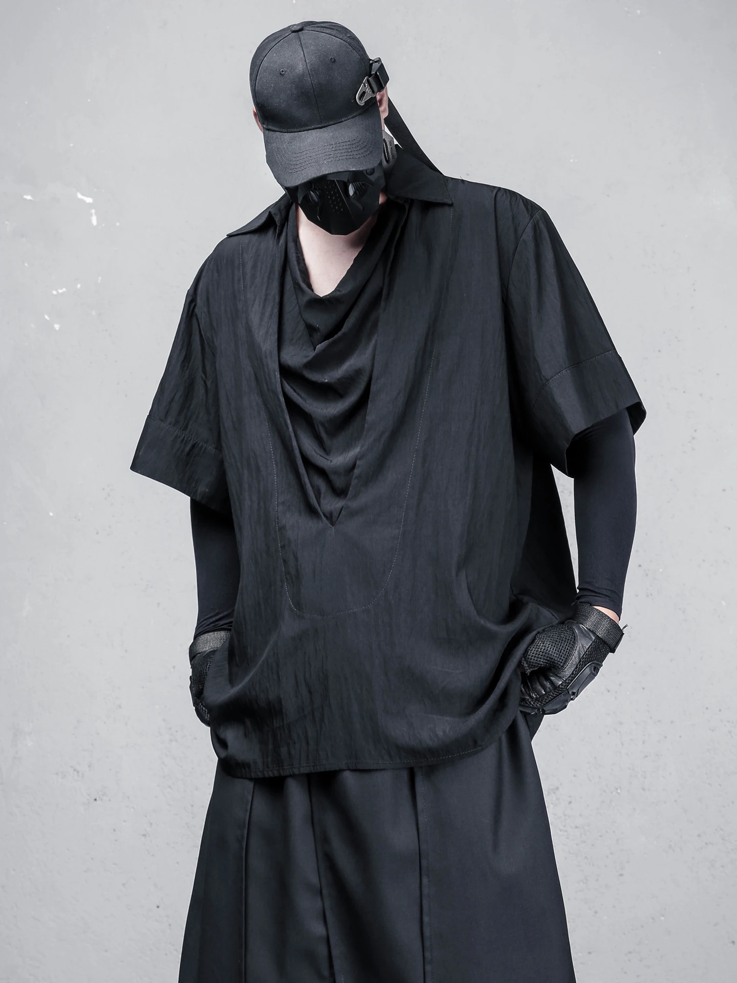 

Fake Two-Piece Pile Collar Design Short-Sleeved Shirt Men's Summer Thin Dark Top