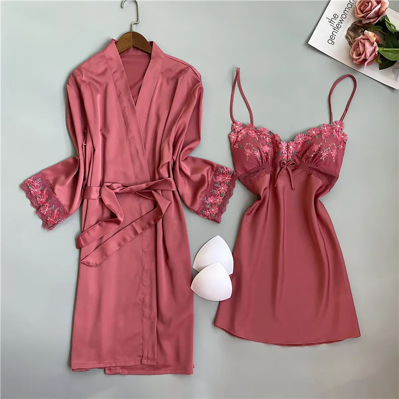 Summer New Twinset Robe Set Women Lace Kimono Bathrobe Gown Sexy Casual Satin Sleepwear Nightgown Flower Homewear Negligee