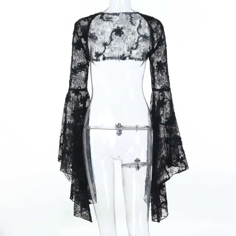 Goth Dark Lace Floral Sheer Crop Shrug Tops für Frauen Elegante Mode Smock Mantel Umhang Flare Sleeve Bluse Shirts Mall Gothic