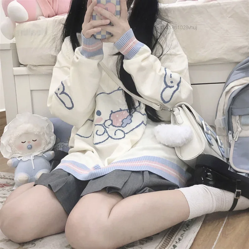 Sanrio Cinnamoroll maglione autunno inverno Y2k cartone animato giapponese Anime College Style adorabile Pullover manica lunga lavorato a maglia Top