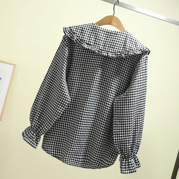 Frauen Bluse Frühling schwarz weiß kariert Langarm locker sitzendes Hemd Mantel Top Blusas Ropa de Mujer