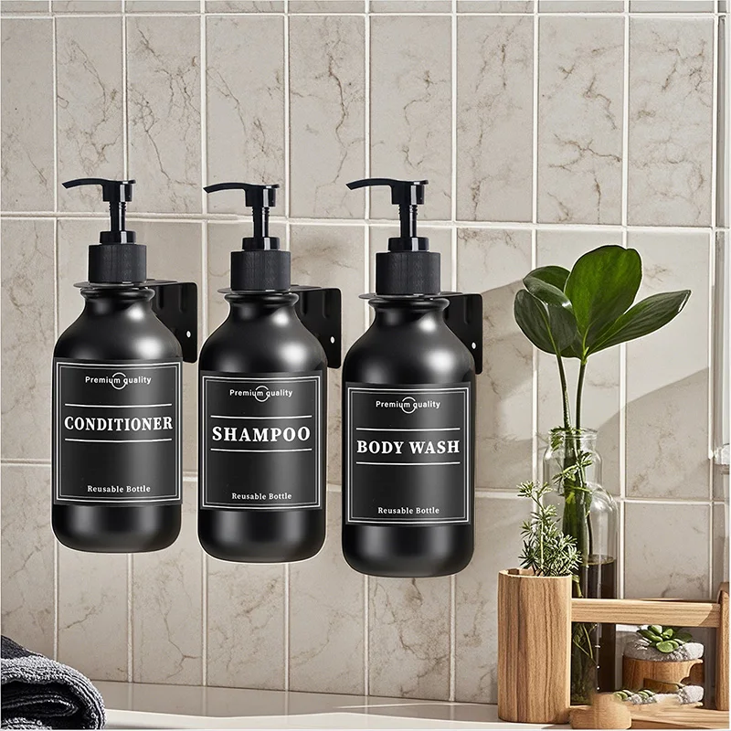 Black 500ML Liquid Soap Dispenser Bottle With Labels Refillable Empty Shampoo Shower Gel Conditioner Container Bathroom Supplies