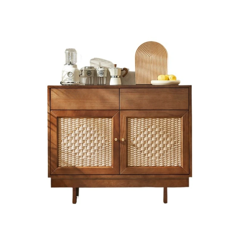 

Nordic solid wood dining side cabinet simple modern living room tea locker Japanese rattan entrance