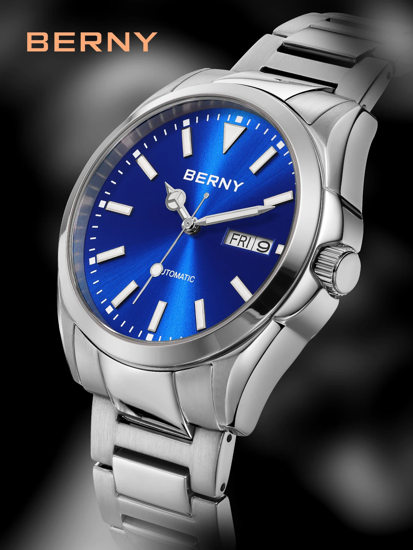 BERNY Automatikuhren für Herren, superleuchtend, Datum und Woche, mechanische Herrenuhr, komplett aus Edelstahl, Armbanduhr NH36, Saphir – Detail 15