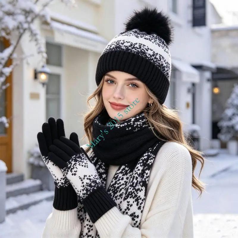 Women Winter Imitation Christmas warm scarf hat gloves three-piece set for Indoor Outdoor Cold Weather Wear