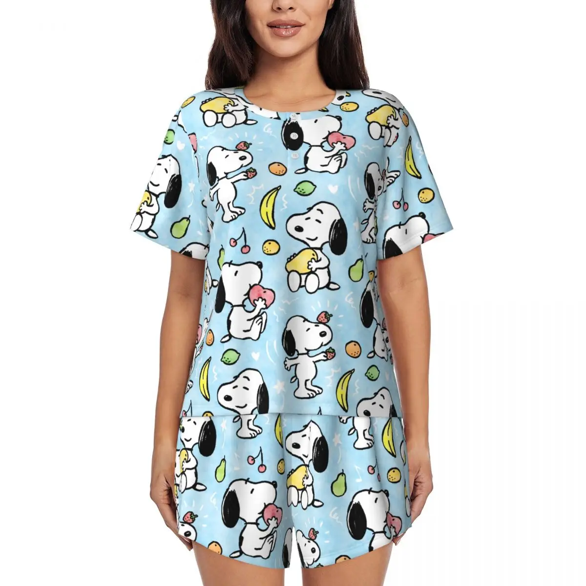 

Custom Manga Snoopy Woodstock Cartoon Dog Pajamas Set Women's 2 Piece Short Sleeve Sleepwear Loungewear PJS Shorts Sets