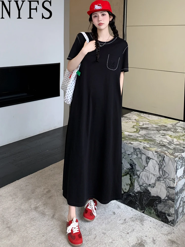 NYFS 女性のサマードレスルーズプラスサイズファッション半袖小さなポケット Tシャツロングドレスローブエテファムエルビス 2025 新しい