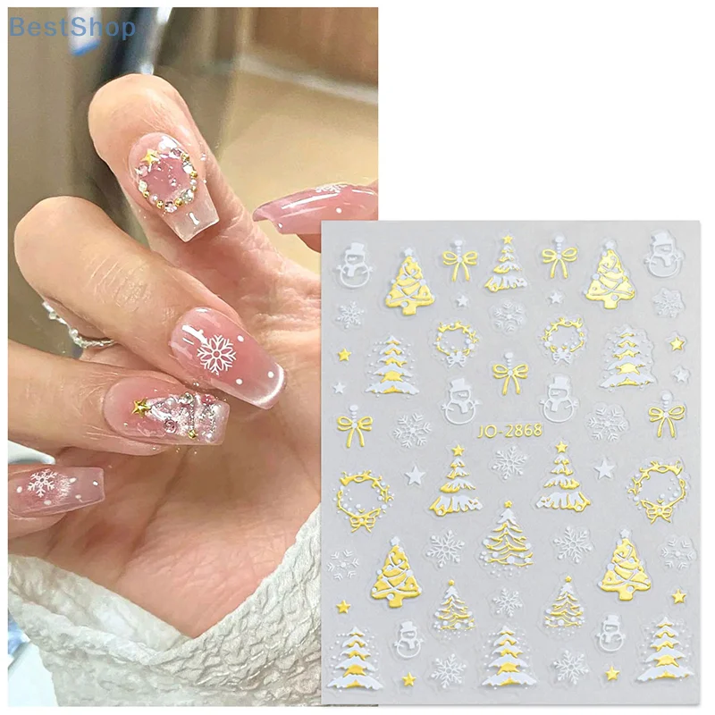 1 シート 3D カラフルなスノーフレークネイルアートステッカー自己粘着スパークルクリスマスツリースノーフレークデカール冬マニキュアスライダー