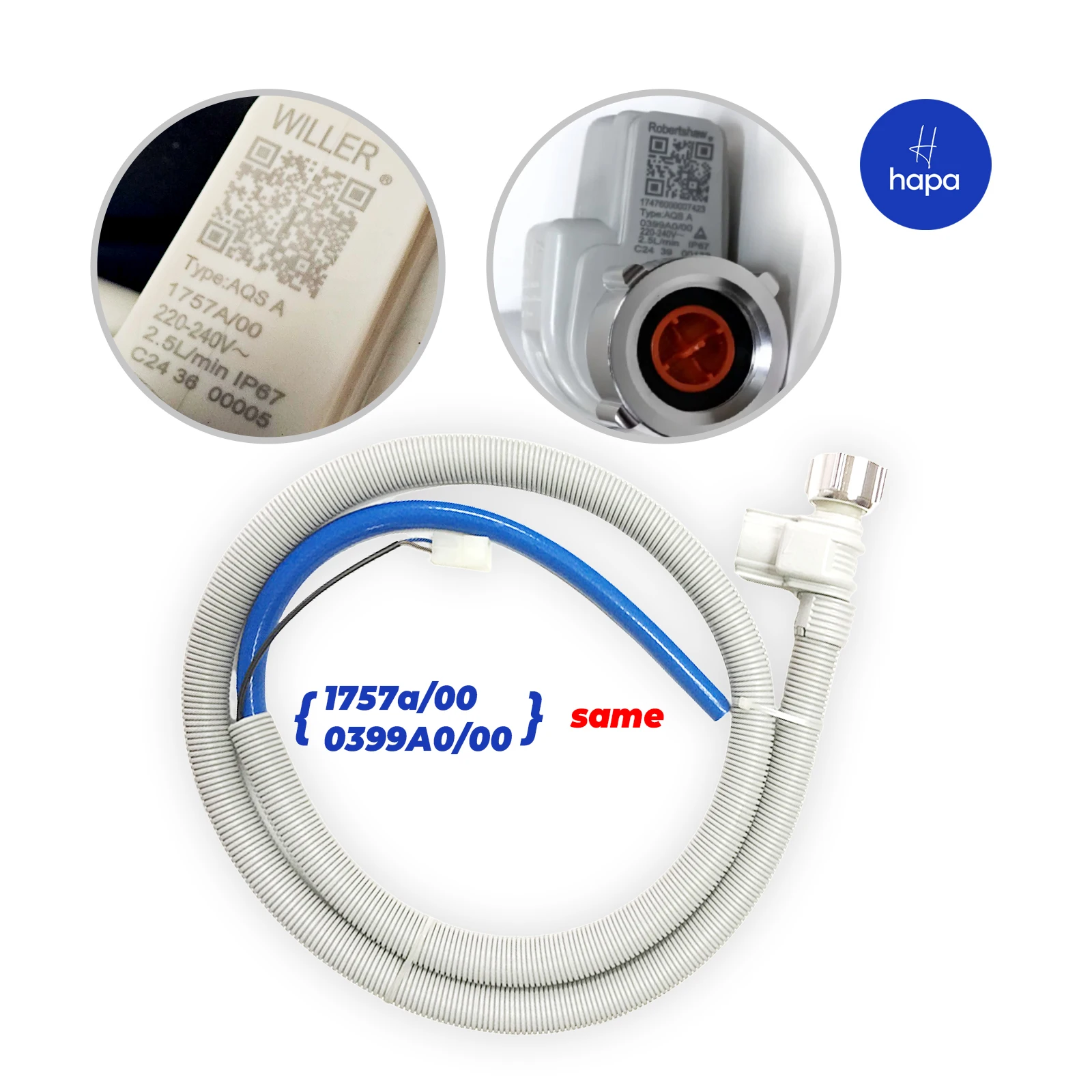 1757a/00,0399A0/00 Dishwasher Aquastop Inlet Hose 1.8m for Beko, Electrolux, Midea, Hansa, Gorenje AQS Safety Water Inlet Valve