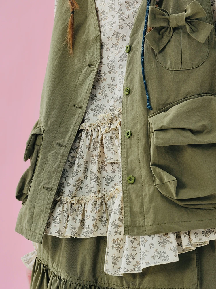 IMAKOKONI original design cardigan green pocket bow sleeveless jacket versatile vest for women 254994