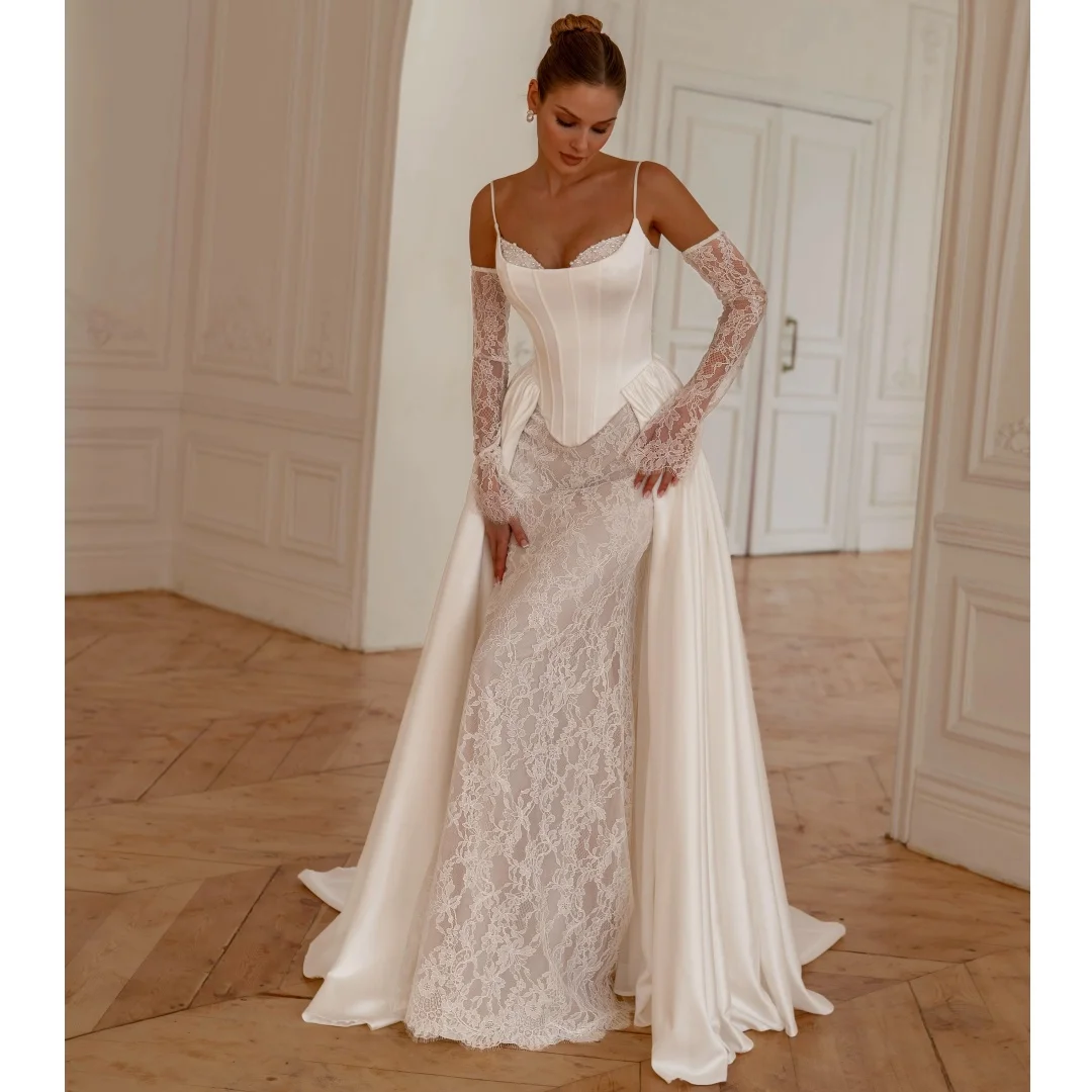 

2 Pcs Mermaid Wedding Dresses Detachable Train Lace Bridal Gown Satin Corset Luxury Party Dress robe de mariée Customized