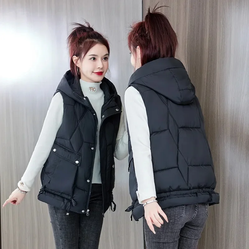 2024 New Autumn Winter Warm Waistcoat Ladies Sleeveless Hooded Down Cotton Coats Women Outerwear Casual Puffer Vest Jacket