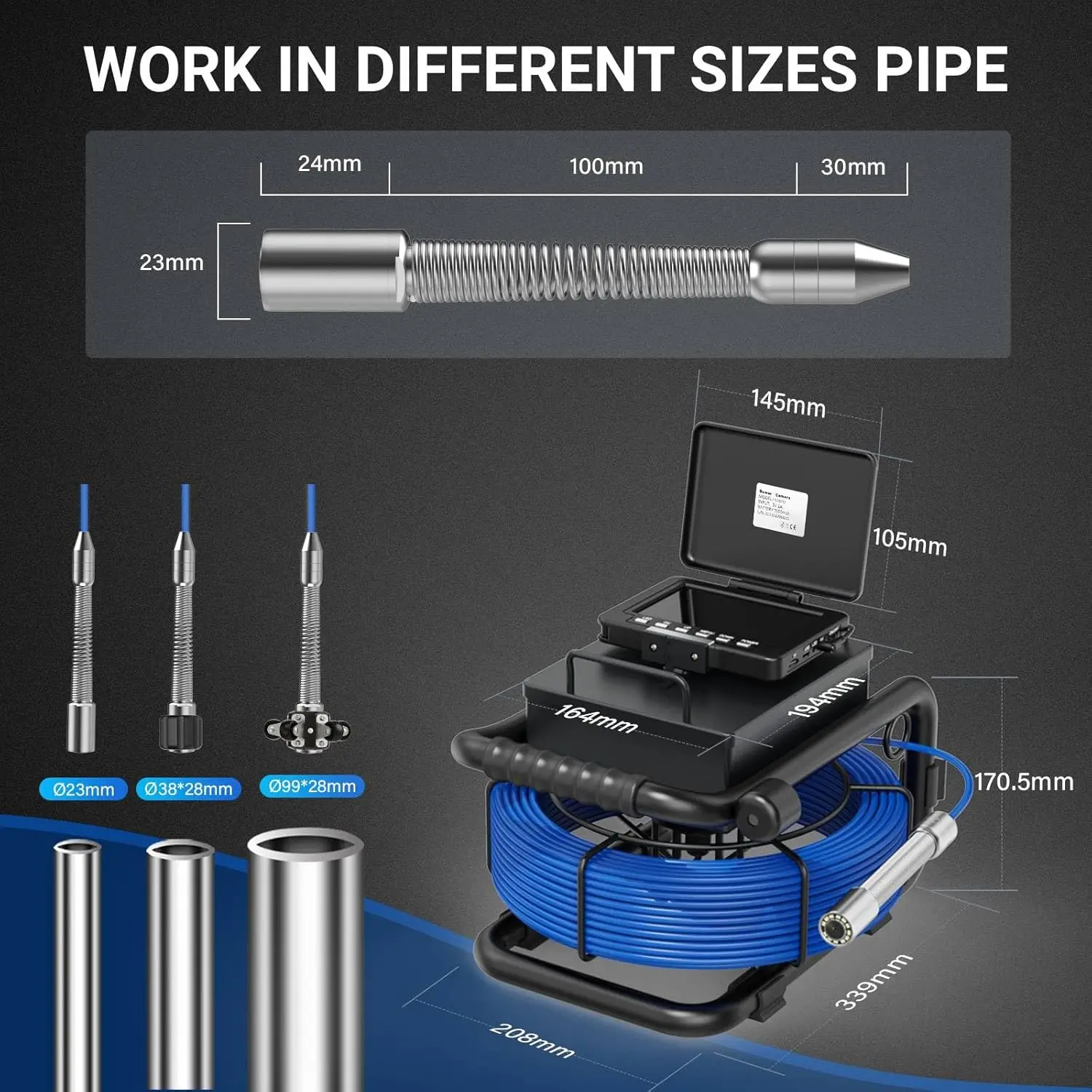 5 "rioolcamera DVR 16 GB video-opname, pijpinspectie-endoscoop waterdicht 23 mm met 512 Hz 5000 mAh batterij 5 mm 20/30/50 m