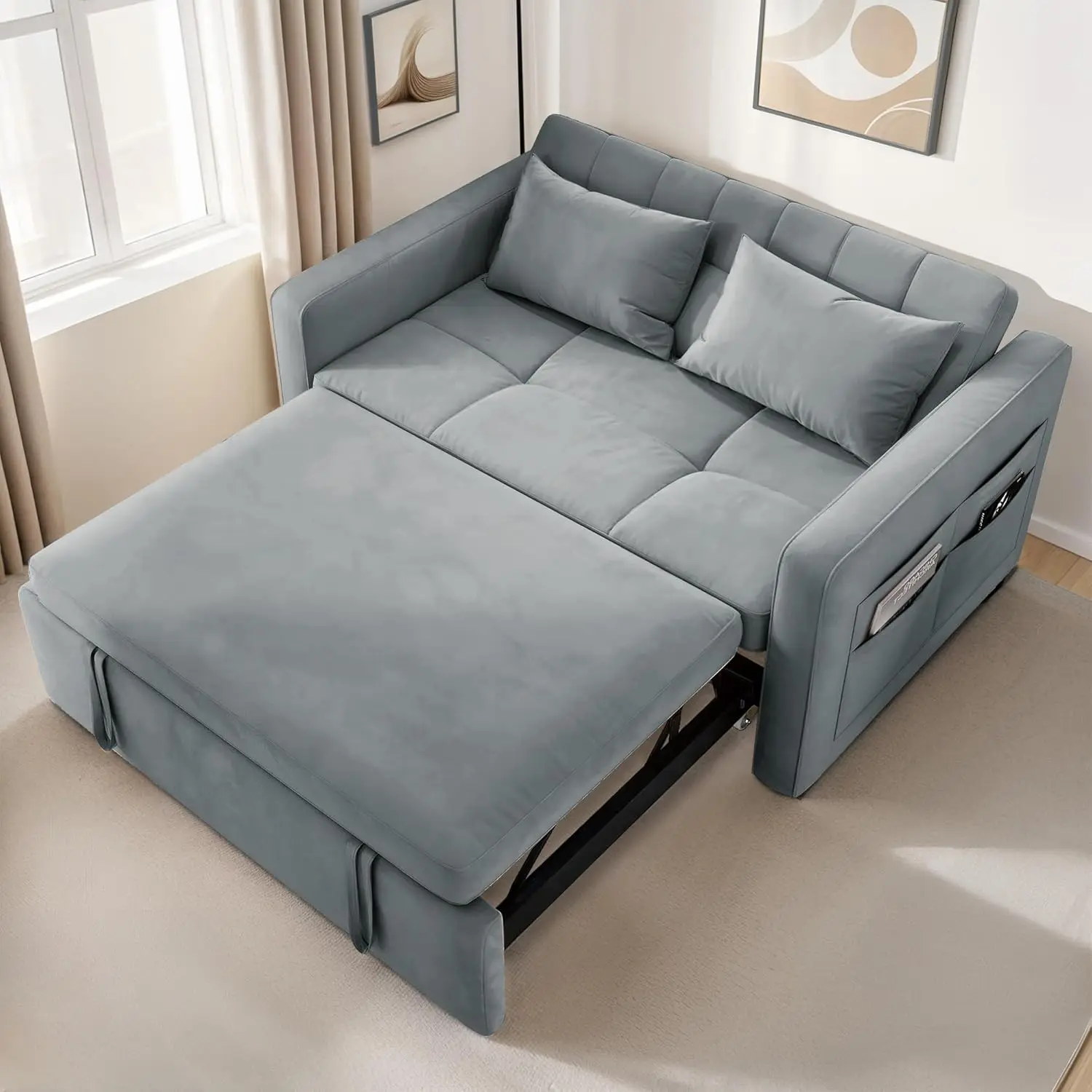 

55" Convertible Sofa Bed, 3-in-1 Sleeper Sofa with Pull-Out Bed, Velvet Futon Couch with Reclining Backrest and Side Pocket