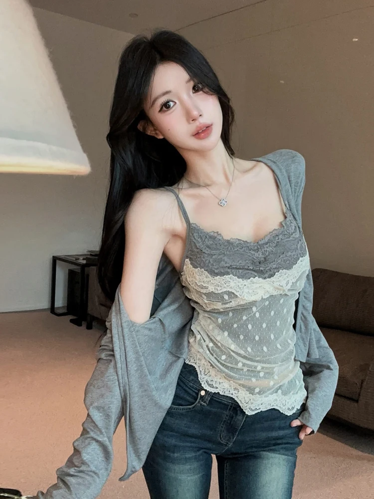 Retro V-Neck Lace Trim Splice Polka Dot Inner Wear Strap Vest with Chest Pad Grey Long Sleeve Open Cardigan Set Women's Fashion