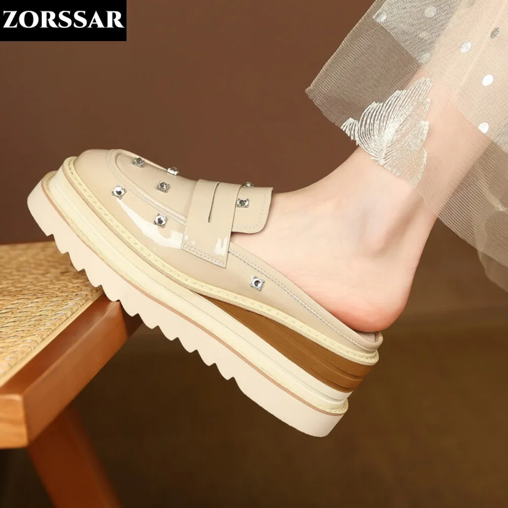 

Summer 2024 Woman Baotou Half Slippers Women Fashion Square Toe Crystal Mules Platform Casual Shoes British Style Leather Slides