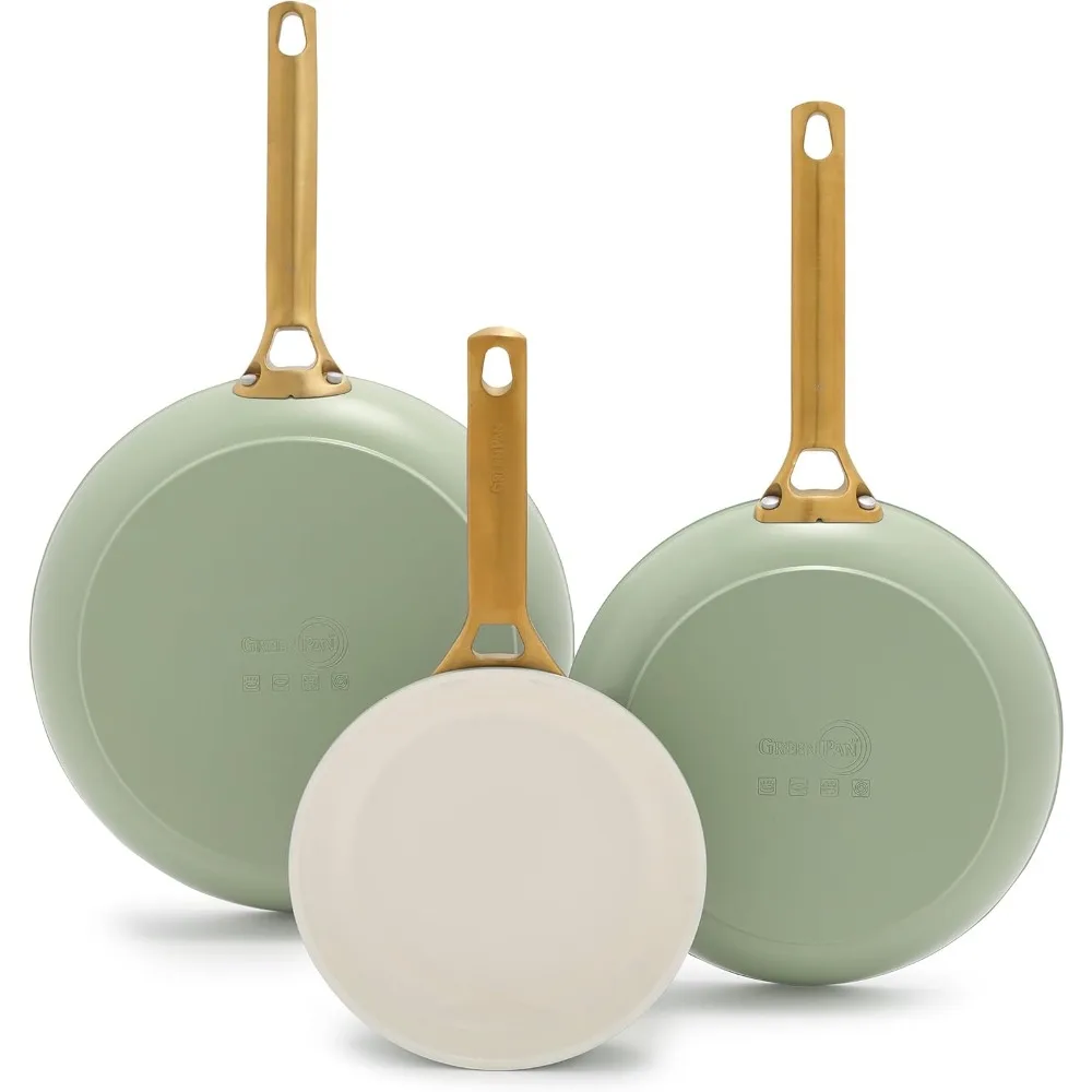 

Reserve Hard Anodized Healthy Ceramic Nonstick, 8" 10" and 12" 3 Piece Frying Pan Skillet Set, Gold Handle