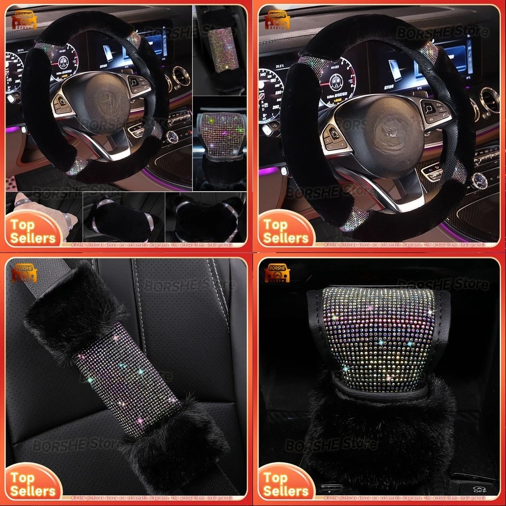 

2026 Suitable for Various Car Models Plush Faux Diamond Steering Wheel Cover with Warm Headrest Lumbar Pillow and Gear Shift