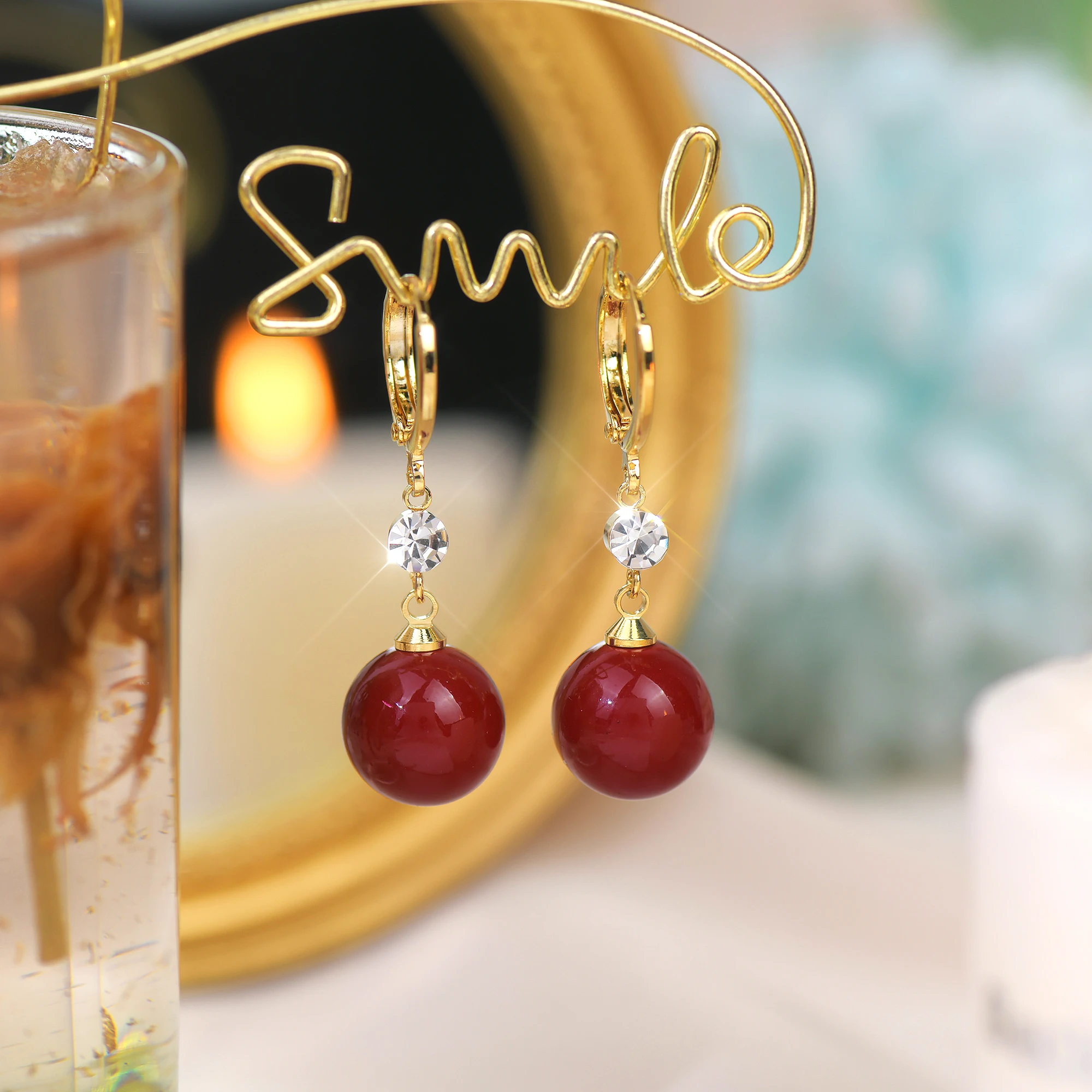 Small Design Earrings Delicate Red Bean Flash Zircon Quality Block 18k Gold Ear Button Net Red Acacia Bean Light Luxury Earring