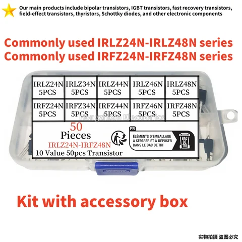 50 PZ 10 valori, 5 ciascuno.IRLZ24N IRLZ34N IRLZ44N IRLZ46N IRLZ48N IRFZ24N IRFZ34N IRFZ44N IRFZ46N IRFZ48N TO-220 MOSFET