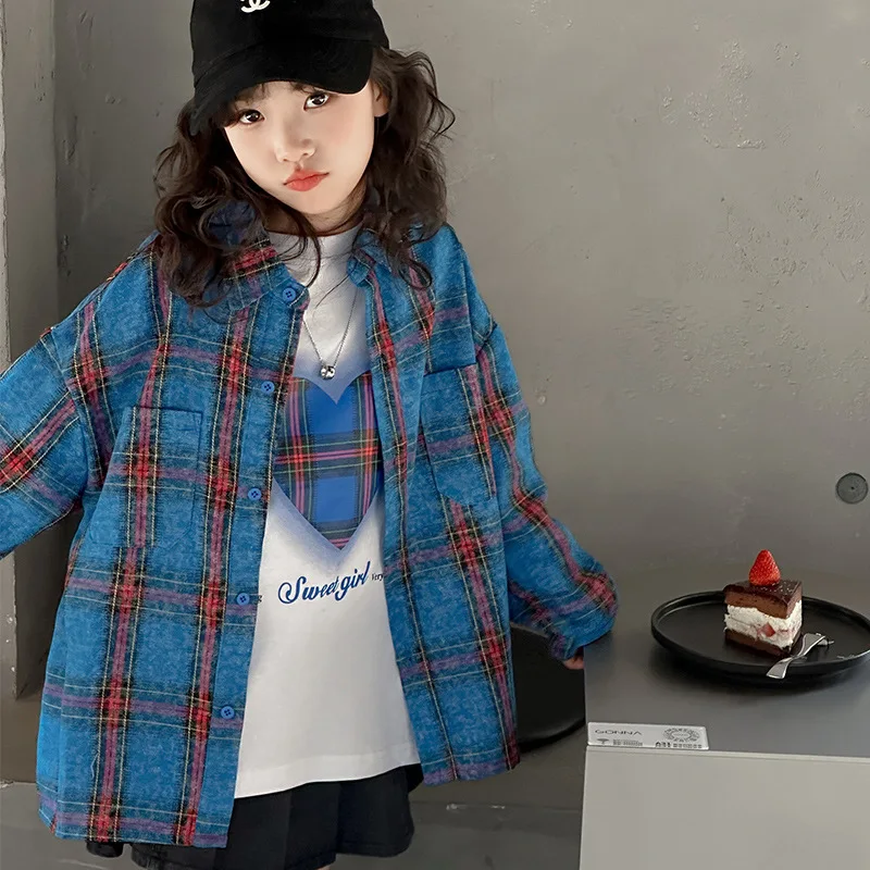 

2024 Korean Spring Autumn School Girl Long Sleev Shirt Teenager Girl Checkered t-shirt Junior Girl Printed Undershirt Kids Tops