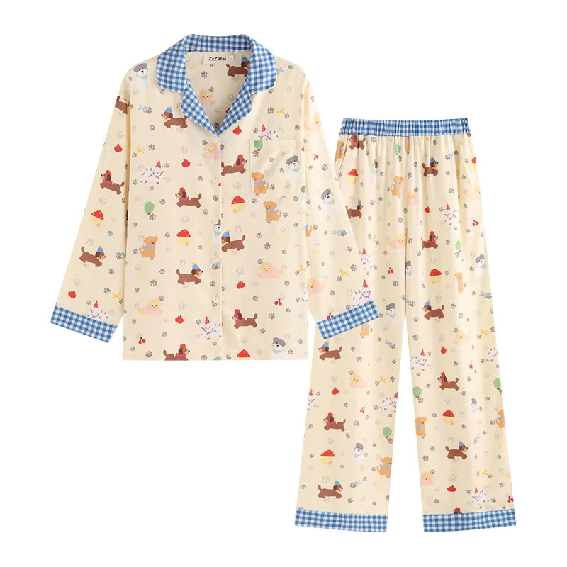 

New Cotton Women's Pajamas Cute Dachshund Checker Print Two Pieces Set Long Sleeve Tops Full Length Pants Sleepwear 512901