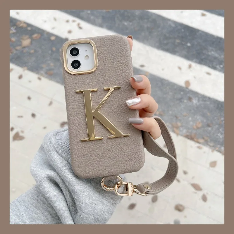 New Personalized Leather Hand Rope Gold Letters Female Leather Custom Phone Case for IPhone 16 15 14 13 12 11 ProMax Plus Series