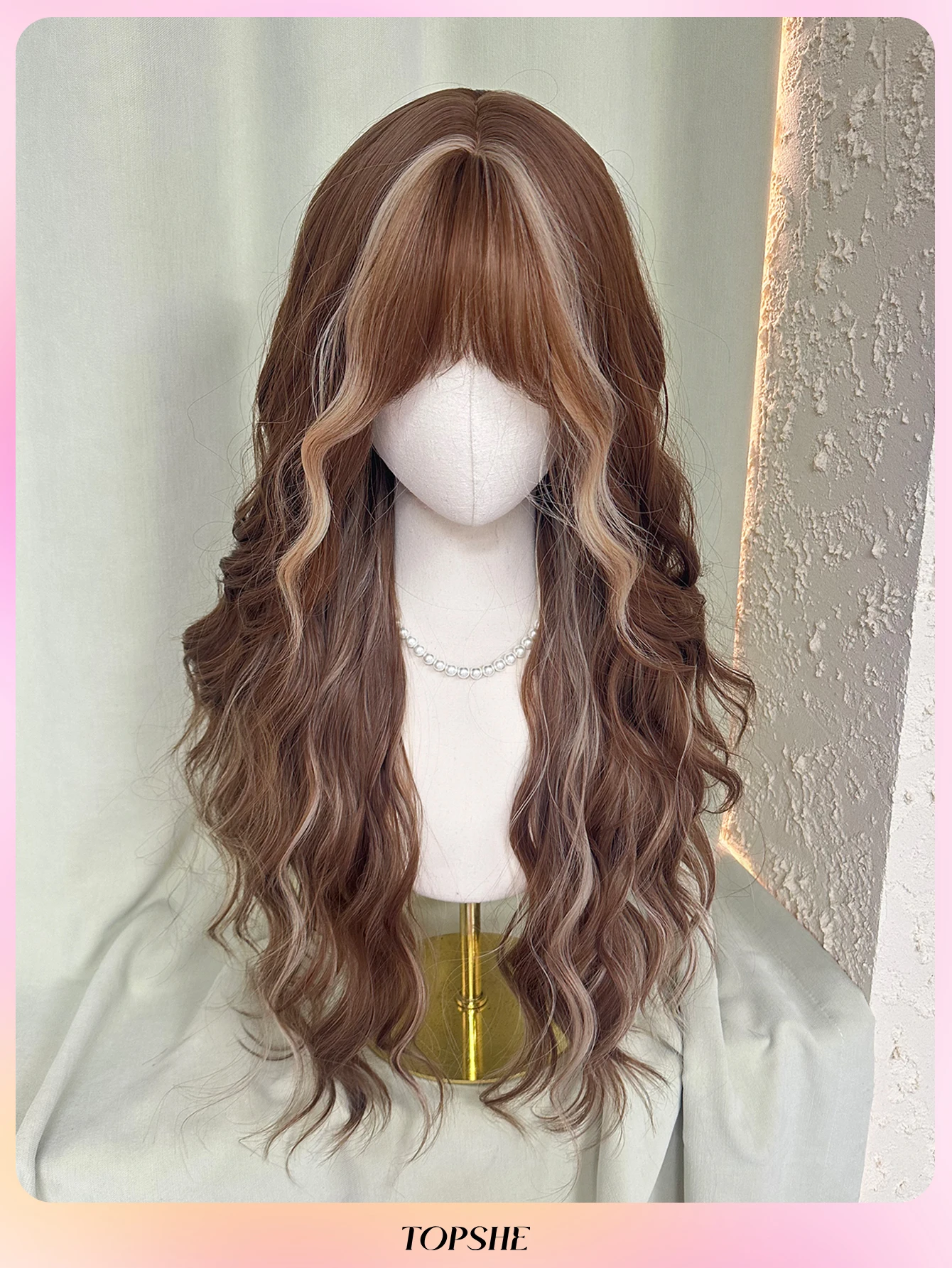 TopShe 26-inch Long Wave Wig with Bangs for Woman Ash Brown Wig with Blonde Highlights Halloween Wig Curly Synthetic Wig with Fringe Heat Resistant Fiber Suitable for Halloween Cosplay Costume Party