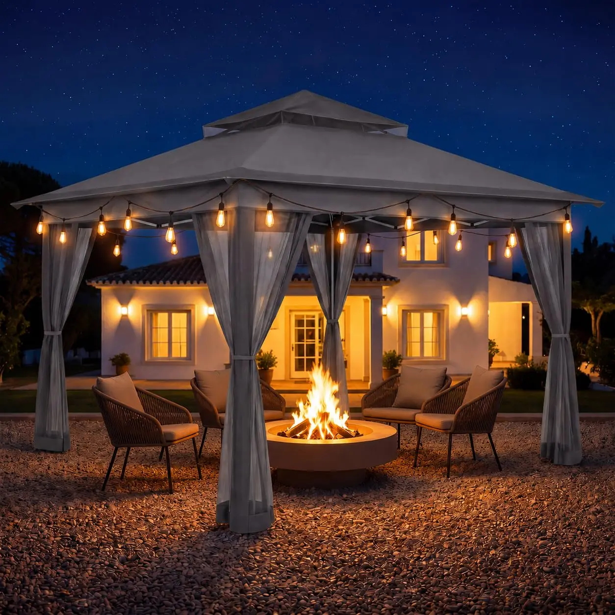 12x12 Pop Up Gazebo with String Lights & Mosquito Netting, Instant Setup Adjustable Height Canopy Tent with Carry Bag,Customized
