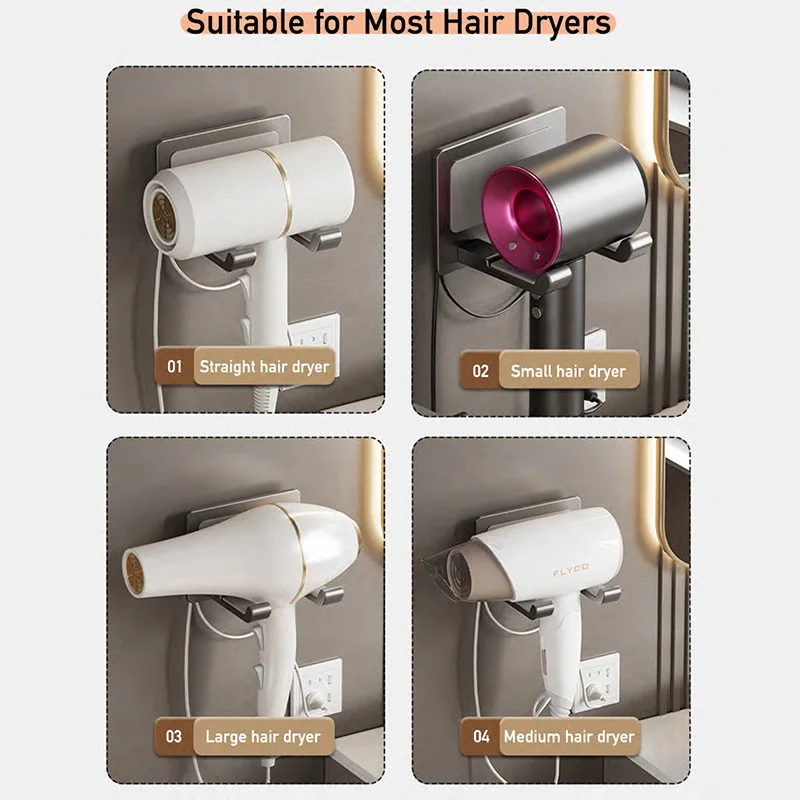 Soporte de aluminio para secador de pelo, estante autoadhesivo montado en la pared sin taladro, organizador de almacenamiento de baño sin perforaciones Dyson