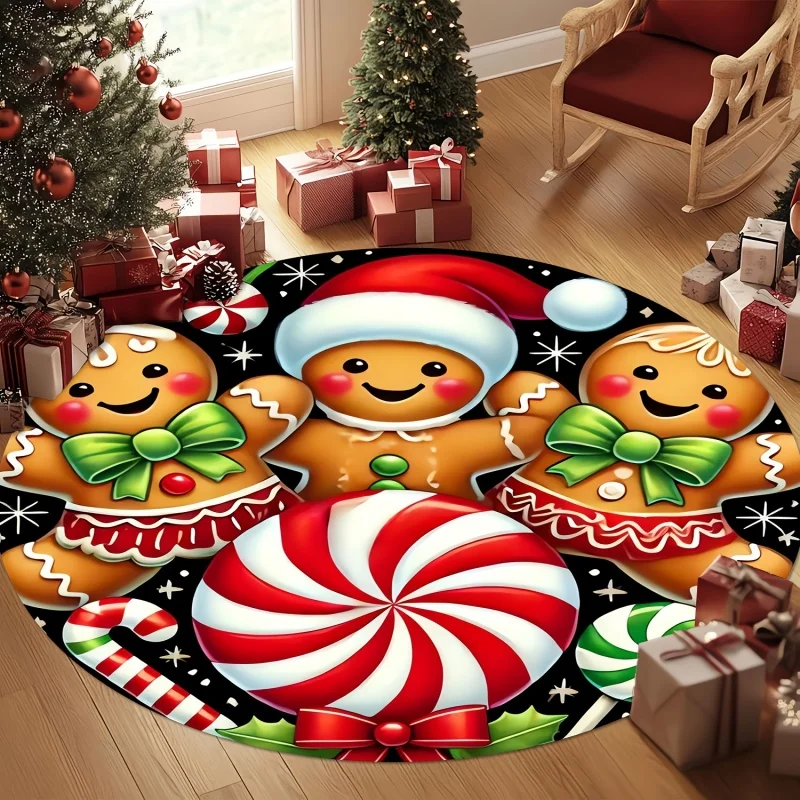 Santa Chimney Boots Christmas Round Area Rug,Checkered Printed Circular Floor Mat,Xmas Holiday Indoor Home Decor