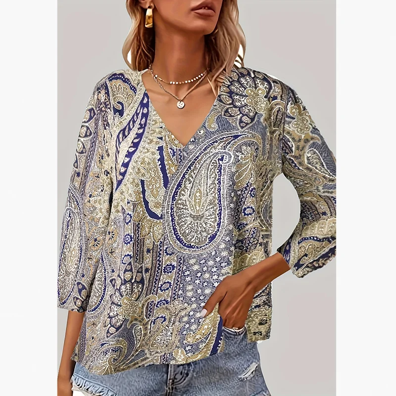 

Women's Elegant Floral Print V-Neck 4/3 Sleeve Blouse