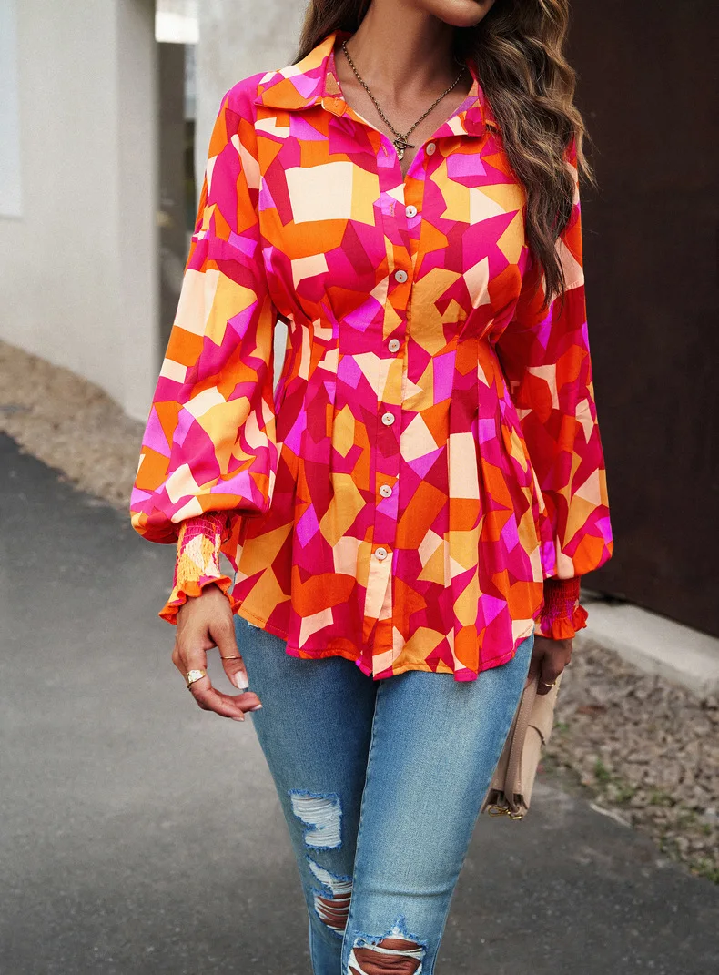 

Women's Printed Long Sleeve Shirt Office Wear 2025 Autumn Slim Fit Polo Neck Casual Rayon Blend Floral Elegant woman clothing