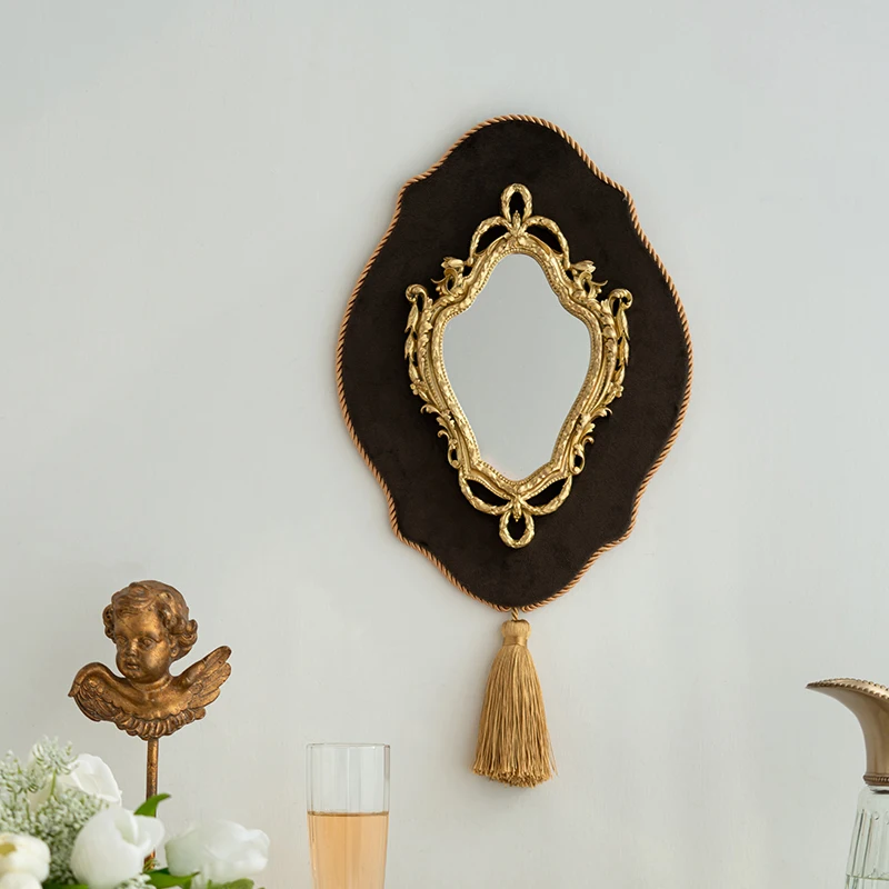 Luxury Retro Palace Style Mirror Blocks Wall Makeup Resin Flannel Mirror Blocks Carved Tassels Cute Miroir Mural Wall Decoration