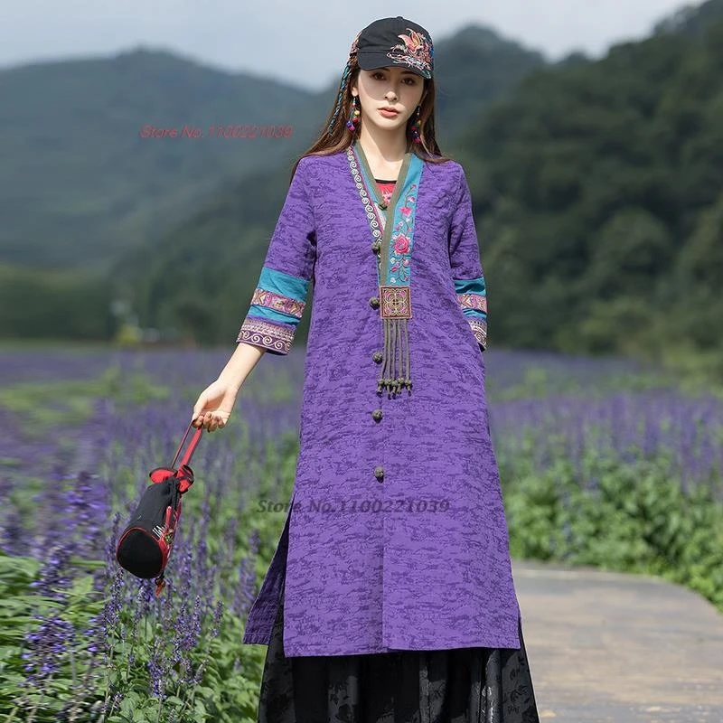 

2025 traditional chinese vintage coat retro cotton linen jacket national flower embroidery trench coat oriental folk windbreaker