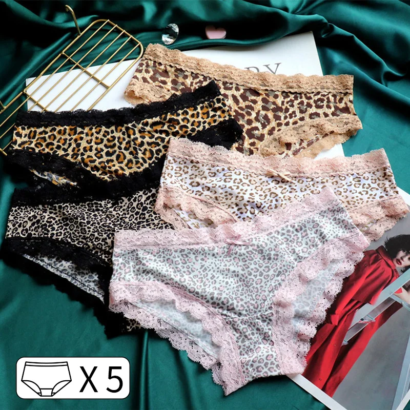 5Pcs Ice Silk Sexy Women Panties Briefs Girls Lace Leopard Underwear Seamless Thong Fitness Underpants Lingerie Intimates