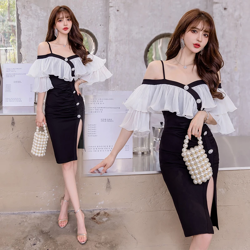 Ofallsis French Socialite Temperament Sexy One Shoulder Strap Ruffle Sleeve Dress 2024 Summer Waist Slim Fit Hip Wrap Dresses