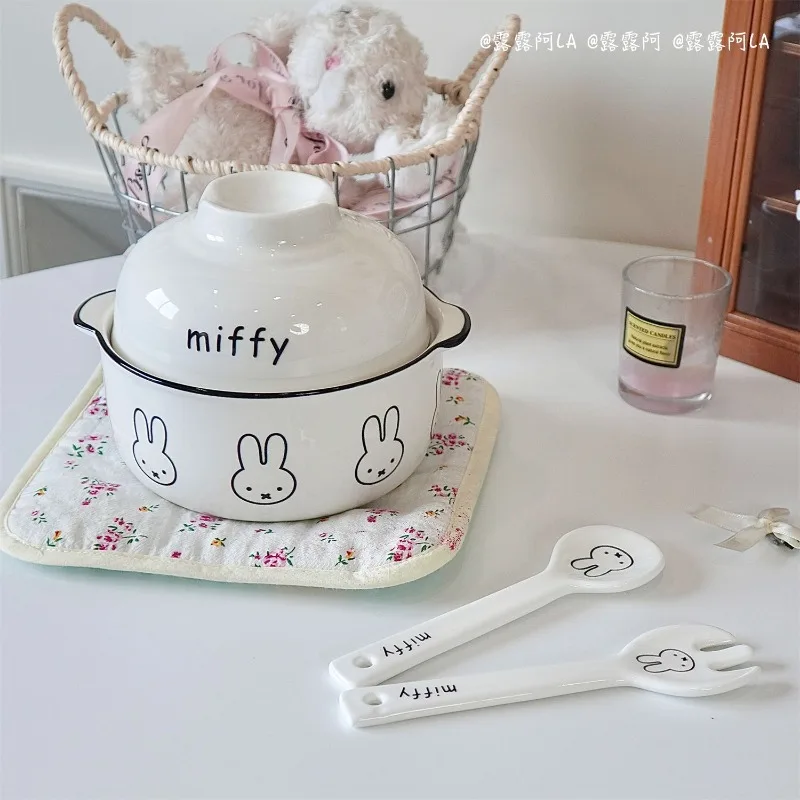 Kawaii ​ ​ Ciotola per ramen in ceramica Miffy con doppi manici Ciotola per zuppa isolata sicura per microonde con coniglio carino per utensili da cucina per uso domestico