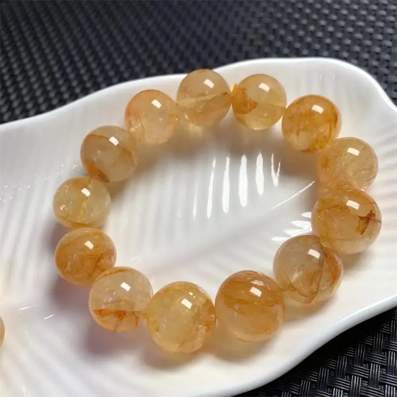 16.7MM Natural Yellow Fire Quartz Hematoid Bracelet Crystal Yoga Reiki Healing Stretch Female Gift 1PCS