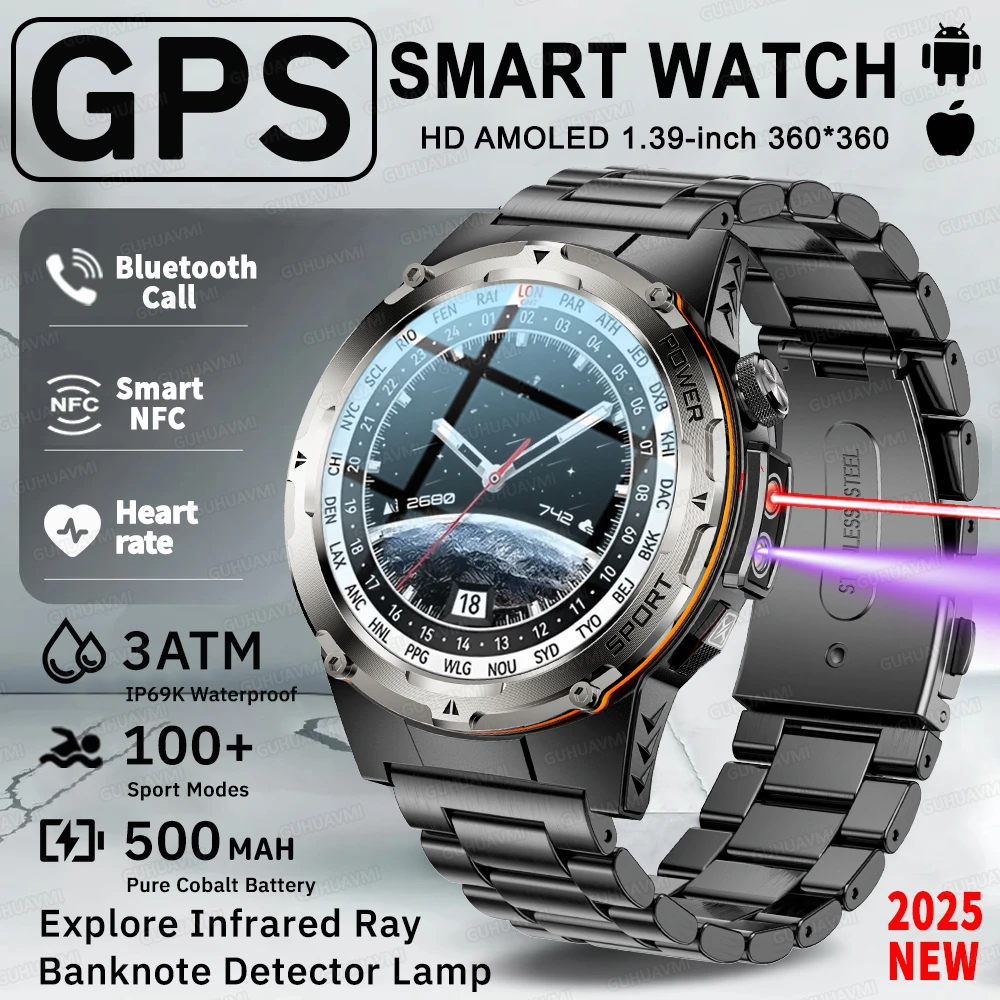 

2025 Outdoors Sports NEW GPS Smart Watch Men 1.39-inch HD AMOLED Screen 3ATM Waterproof 500mAh Infrared NFC Bluetooth Call Watch
