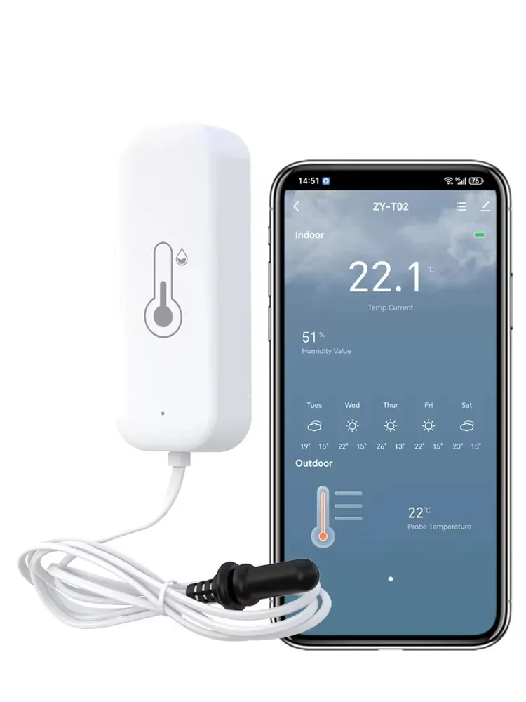 Tuya Zigbee WiFi Temperatur- und Feuchtigkeitssensor mit externer Sonde, Smart Home kompatibel mit Smart Life, Google Home, Alexa