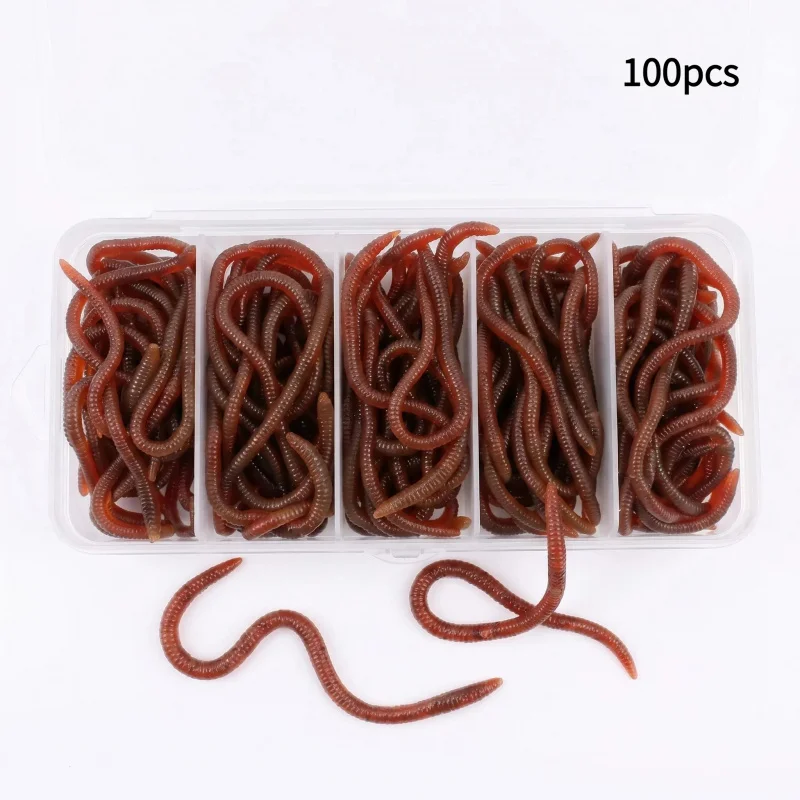 100 unidades de señuelos blandos de goma con forma de lombriz de sangre y lombriz roja, con olor a pescado, realistas, para pesca de lubina y brema, aparejos de pesca