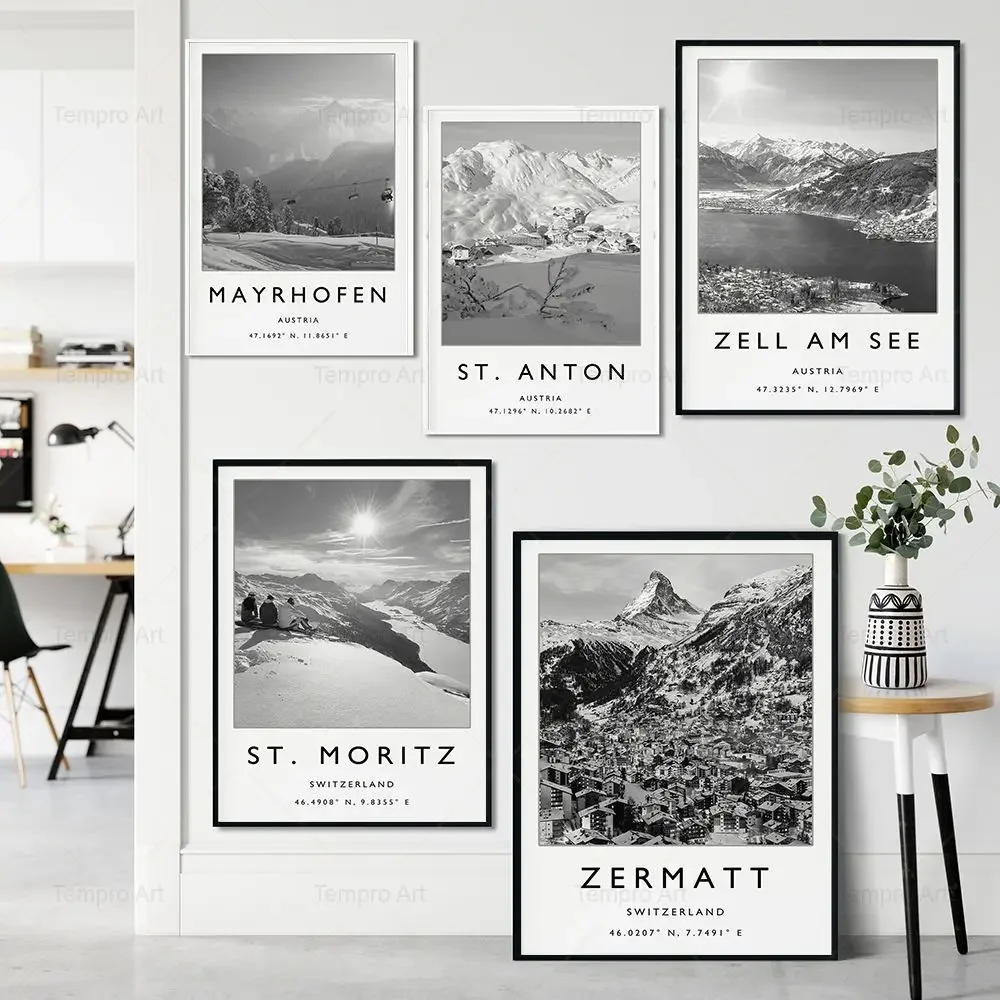 Vintage Ski Foto druck Österreich Skifahren Schwarz-Weiß-Poster Wintersport Skifahren Leinwand