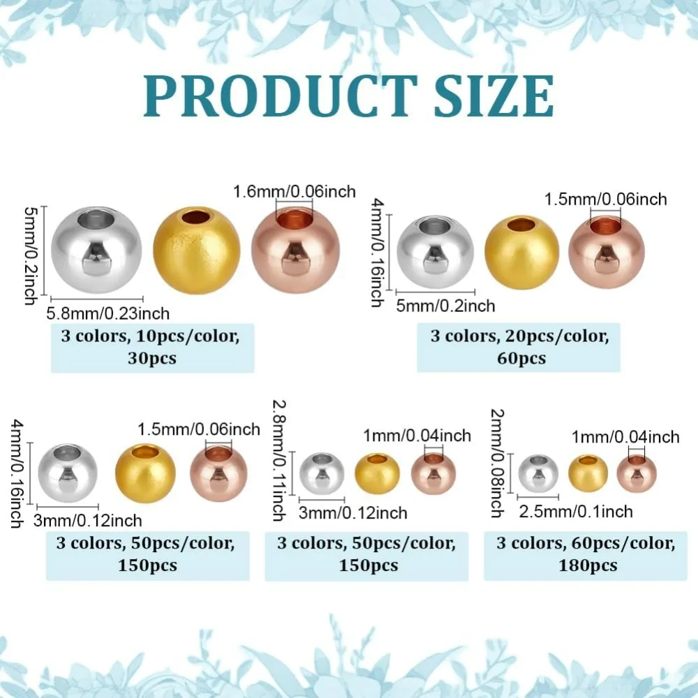 570 قطعة خرز فاصل مستدير 5 مقاس 3 ألوان خرز دائري ناعم خرزة نحاسية معدنية فضفاض فواصل طويلة الأمد لصيف هاواي #2