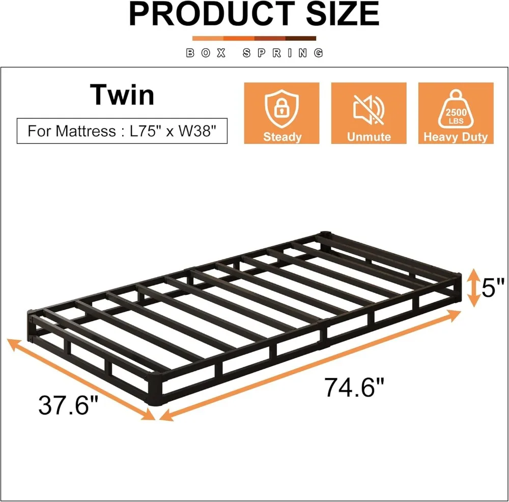 5 Inch Twin Box Spring Bed Base, Heavy Duty Metal Mattress Foundation with Fabric Cover, Easy Assembly