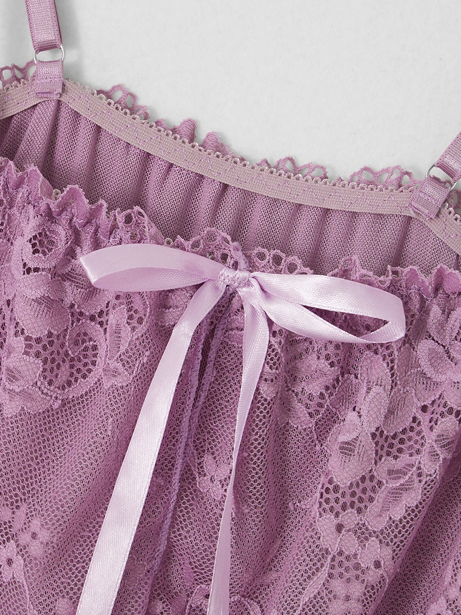 

Seductive Lace Babydoll Lingerie Set with High Side Split and Ruffled Nightgown Exotic Sleepwear for Women with Panty