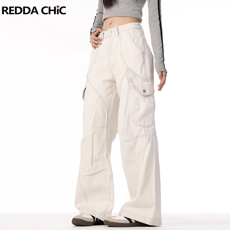 REDDACHiC Big Pockets Cargo Jeans for Women Casual Solid High Rise Wide Leg Baggy Pants Hiphop Dancer Trousers Korean Streetwear